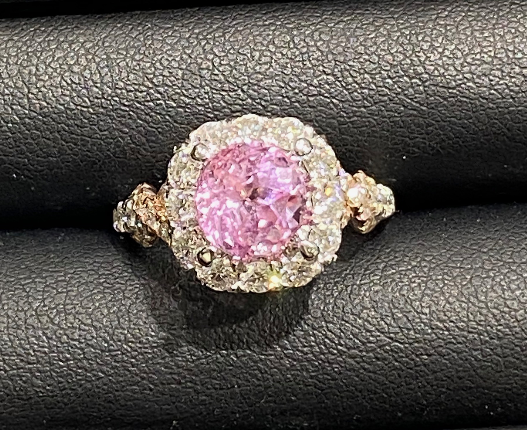 Pink sapphire, diamond halo